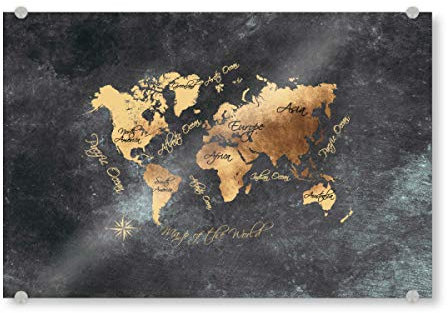 artboxONE Acrylglasbild 45x30 cm Kartografie World map Black Yellow Gold - Bild Weltkarte map Reise