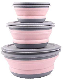 GLE2016 3 Stück Lebensmittelqualität Silikon Faltbare Schüssel Lunchbox – Erweiterbare Lebensmittelaufbewahrungsbehälter Set Silikon Salatschüssel mit Deckel tragbar (Pink)