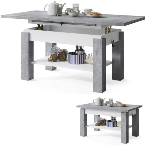 All4All Couchtisch Astra - Kaffeetisch - Wohnzimmertisch – Sofatisch mit Ablage - höhenverstellbar - kompakte Größe - Sofatisch - 110x68cm - 05 - BETONOPTIK + WEIß