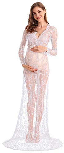 MYRISAM Boudoir Mutterschaft Langarm Spitzenkleid Sexy Frauen Tiefer V-Ausschnitt Hochzeit Baby Dusche Kleid Milch Bad Fotoshooting Kleid Gr. Medium, weiß