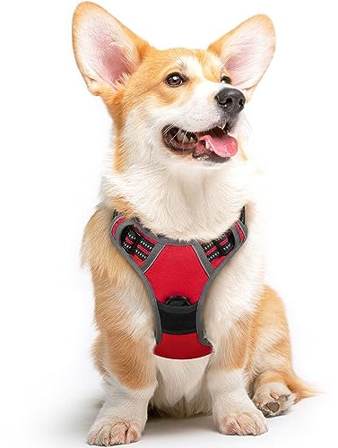 Eagloo Dog Harness Medium, No Pull Harness with Front Back Clips, Adjustable Dog Walking Vest, Soft Padded Pet Vest, Reflective No-Choke Breathable with Easy Control Handle, Red, M