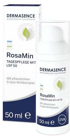 DERMASENCE RosaMin Tagespflege mit LSF 50, 50 ml – Beruhigende Gesichtscreme für empfindliche Haut, parfümfrei, Pflege bei Rötungen, leichter UV-Schutz gegen Reizungen, Hautpflege ohne Duftstoffe.