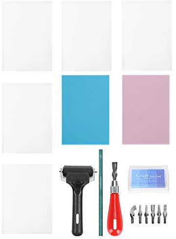 Pssopp Rubber Stamp Making Kit, Soft Printmaking Carving Set with 6 Blade Cutter and Brayer for Crafts Art Projects Soft Rubber Blocks 16PCS