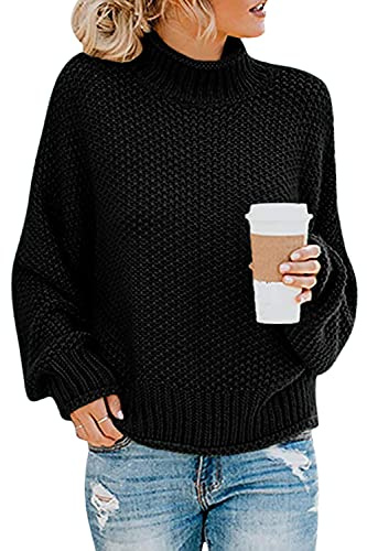 Imuedaen Women's Turtleneck Jumpers Casual Batwing Sweaters Long Sleeve Pullover Loose Chunky Knitted Jumper Tops (A Black, L)