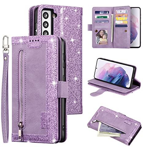 UEEBAI Coque pour Samsung Galaxy S21 Plus 5G, Etui en Cuir PU Portefeuille Rétro Antichoc Flip Case Anti-Choc Housse avec Fentes de Cartes Fonction Support, Fermeture Magnétique - Violet Pailleté