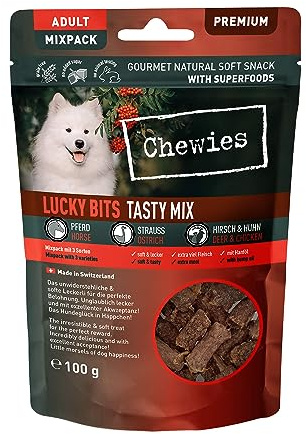 Chewies Lucky Bits Tasty hundgodis mix vuxen – hundgodis spannmålsfri & mjuk med massor av protein och supermat som öljäst eller ginkgo, utan socker (100 g)