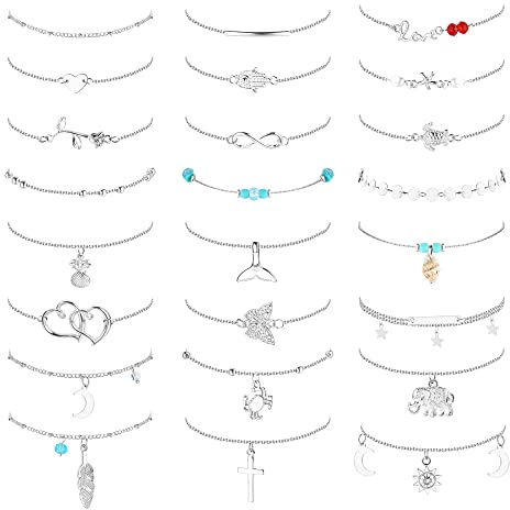 Dochais 15-24 Stück Glänzende Silber Fußkettchen mit Strass Wasserdicht Boho Verstellbare Sommer Fußkettchen Damen Fußkette Vintage Perlen Fussketten, 21cm (24 Stück)
