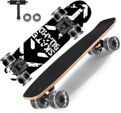 GIEEU Skateboards mit bunten blinkenden Rädern für Anfänger, Kinder, Jugendliche, Erwachsene, Mini-Cruiser-Board, 9-lagig, kanadisches Ahorn-Deck (X-Schwarzweiß)