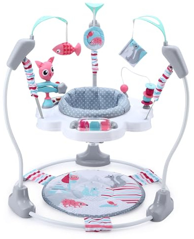 LADIDA Stationär jumperoo baby studsstol akrobat – 360° roterande säte, musikleksaker och justerbara höjder (Nordic Forest Pink)