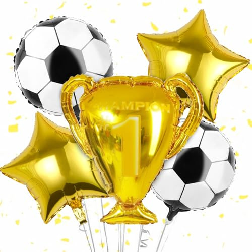 5 Stück Fussball Luftballon, Trophäe Folienballon mit 18 Fußball Ballon, Fussball Deko Geburtstag Kinder, Soccer Champion Ballons Deko für Junge Kinder Geburtstag Weltmeisterschaft Spieltag Party