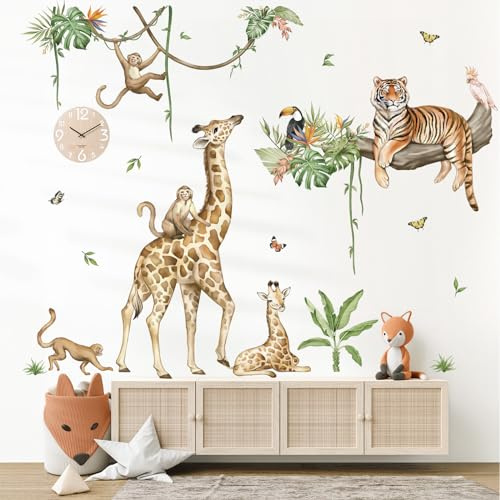 wondever Wandtattoo Dschungel Tiere Baum Zweig Wandsticker Safari Giraffe | Abziehen und Aufkleben, Abziehbar, Wandaufkleber Selbstklebend für Kinderzimmer Babyzimmer Schlafzimmer Wanddeko