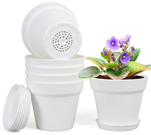 Homeuouz 6 Packs Blumentopf mit Untersetzer, 15.2cm Pflanzentopf, Plastik Übertopf mit Mehrere Ablauflöchern, Hydrokultur Topf, Blumentöpfe Set Ideal für Innen und Balkongärten,Weiß