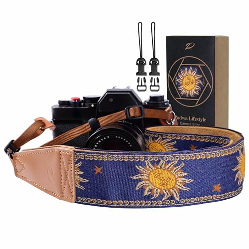 Padwa Lifestyle Sun God Camera Strap - 2 Full Grain Leather Ends, Vintage Sun Face Camera Straps for Photographers, Soft Chamois Velvet Padded Strap Quick Release fits All Cameras