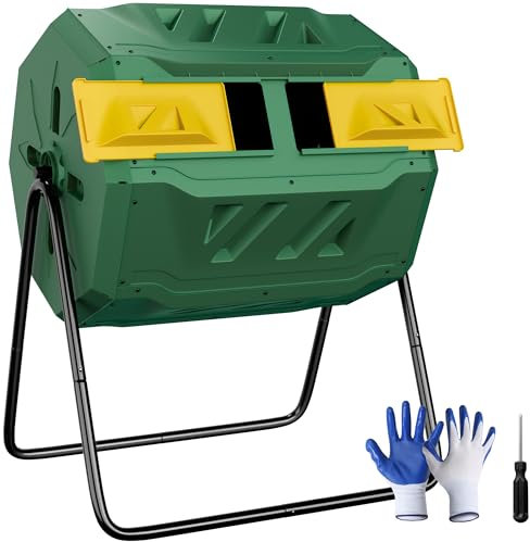 F2C Contenedor de compostaje para exteriores, doble cámara, compostador de 43 galones, sin BPA, grande, para voltear o rotar con puertas correderas y marco de acero sólido, color verde