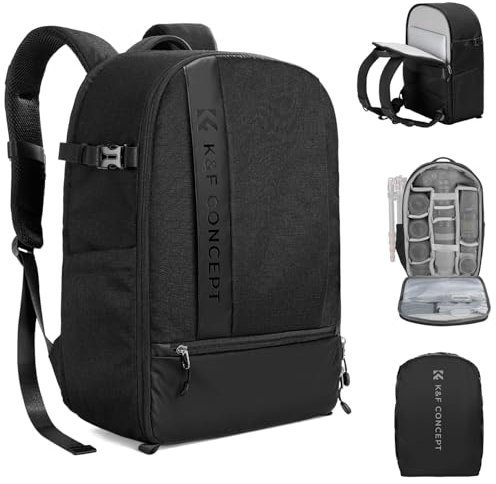 K&F CONCEPT Mochila para Cámara, Mochila Fotográfica Profesional Impermeable Mochila para Cámara Reflex, Bolsa para Cámara con Compartimento de Gran Capacidad para Portátil 15.6 Pulgadas-Negro