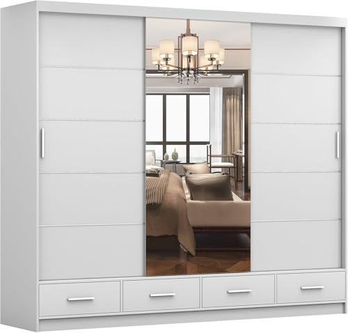 Kleiderschrank mit Spiegel Weiß -Schwebetürenschrank - Schlafzimmerschrank - 61 x 250 x 218 cm - Wohnzimmerschrank - Garderobenschrank Schrank mit Zwei Türen, 4 Schubladen - Imoebel24