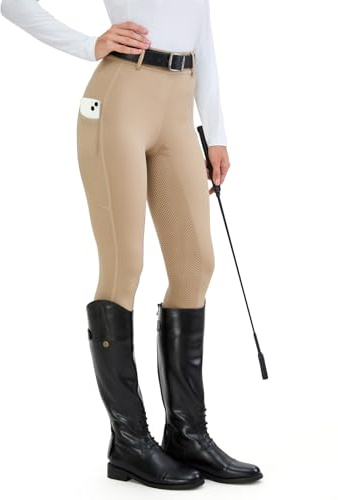 H.MILES HMILES Leggings da Equitazione da Donna, in Silicone, con Inserti Completi, a Vita Alta, Elasticizzati, da Equitazione, da Donna, con Passante per, Cachi, S