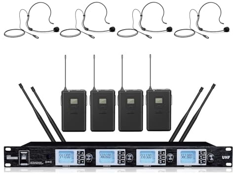 Sistema microfonico wireless a 4 canali UHF 4 microfoni unidirezionali Headworn Mics, affidabile ricezione antenna 4, frequenze regolabili, 1U montabile su rack, nero, MSEU4200