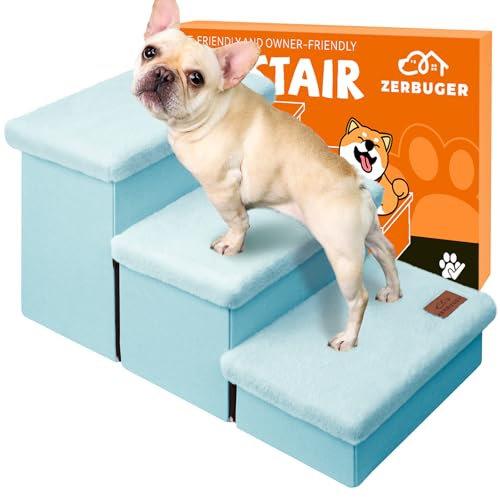 Zerbuger Hundetreppe mit pelzigen Deckeln, 45,7 cm hoch, 3-stufige breitere Hundetreppe mit Stauraum für kleine/mittelgroße/große alte Hunde und Katzen, zusammenklappbar, stabile Haustiertreppe,