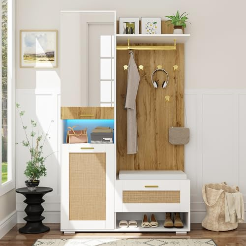 KecDuey Garderoben Set,Kleiderschrank-Set mit Spiegel, 5 goldenen Kleiderhaken, Schuhschrank, Wandgarderobe, oberem Stauraumfach, Sitzbank und 16-Farbiger LED-Beleuchtung (Weiß+Rattan)