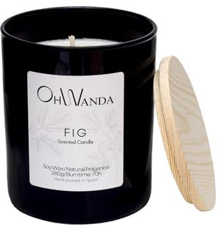 OHWANDA Vela Aromática Grande de Higo – Candle Natural de Cera de Soja | 280g | 70h de Combustión | Vaso Negro con Tapa de Madera | Vela Perfumada para Aromaterapia y Regalo | Hecha en España