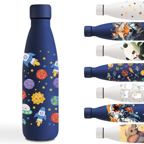 Botella Agua Acero Inoxidable 500ml, Cantimplora Acero Inoxidable, Fácil de Transportar, Botella Agua Personalizada con Estrella de Pájaro, a Prueba de Fugas, para la Escuela, Oficina, Azul- Cohete