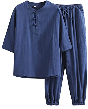 Generisch Survêtement d'été pour homme - Respirant - Plis - 2 pièces - Pour l'été - Respirant - Avec manches roulées - Pantalon de chemise - Noir, Marine, XXL