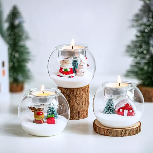 Hewory Decorazione natalizia da tavolo, portacandele natalizio: set da 3 bicchieri da tè, decorazione per il villaggio di Natale, decorazione da tavolo, decorazione natalizia (cervo, albero di Natale