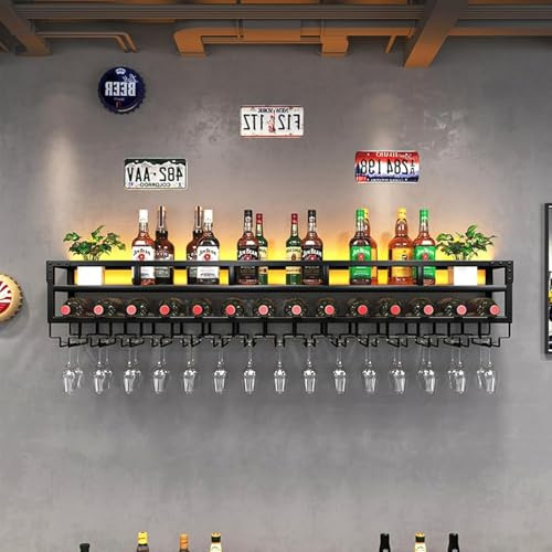 LED-beleuchtetes wandmontiertes Weinregal mit Glashalter Modernes Weinflaschenregal aus Metall für Home Bar Esszimmer Küche Multifunktionales hängendes Weinaufbewahrungsregal