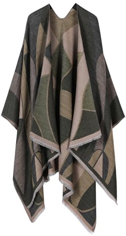 DISSA Poncho da donna con parte anteriore aperta, morbido berretto a maglia, caldo, sciarpa con frange, per primavera, autunno e inverno, P087, verde scuro, Taglia unica