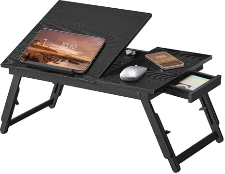 SONGMICS Bed Laptop Table, Bed Desk with Adjustable Angle and Height, Foldable Stand for Laptop up to 15.6 Inches, for Working Reading Breakfast, Bamboo, Drawer, Ink Black LLD105BE01