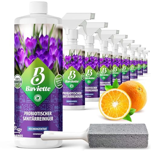 Baviette Limpiador de baño y descalcificador en spray con piedra pómez – Biológico y probiótico para inodoros, lavabos y grifos – Ideal para hogares con niños y mascotas (limpiador sanitario 500 ml)