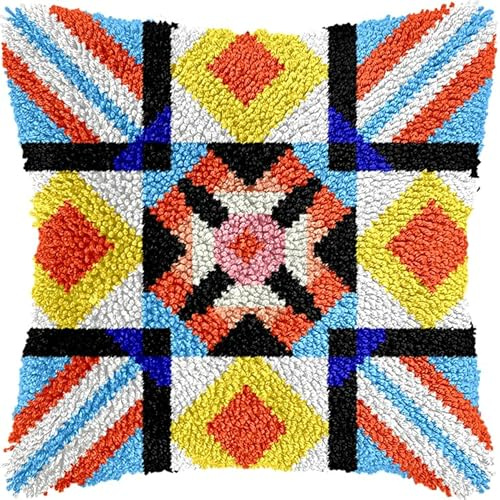 FFDONGTEGO Kit Gancio di Chiusura,Motivi di piastrelle colorate,DIY appeto per Uncinetto Latch Hook Pillowcase Kit Eegalo Creativo per la casa e il divano,43x43cm