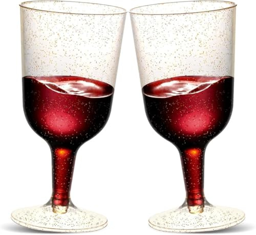 Ginikoe 36 Pack 6oz/180ml Plastic Wine Glasses, Reusable Gold Glitter Plastic Wine Cups Suitable for Weddings, Parties, Christmas, Toasting, Picnic