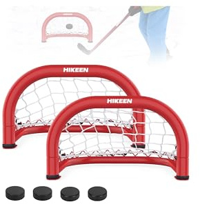 Hikeen Mini-Hockey-Tor, 35,6 x 20,3 cm, 2 Packungen Hockey-Tor mit robustem Eisenrahmen und Nylon-Netz und 4 Hockey-Pucks, die kraftvollen Schießen standhalten, einfache Einrichtung Trainingsgeräte