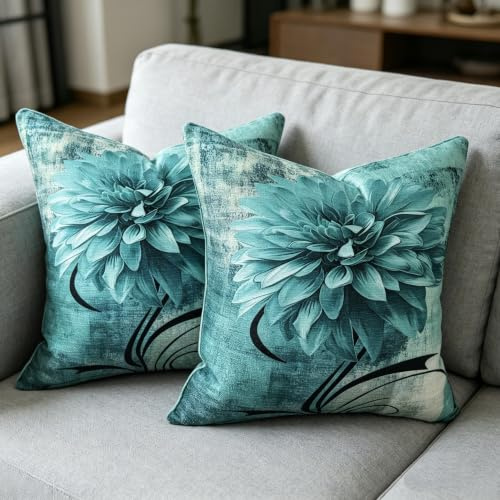 OYIMUA Weich Chenille Blumen Kissenbezug 40x40 Türkis Grün 2er Set | Modern Sofakissen Dekokissen,Quadratisch Couchkissen Kuschelkissen,Deko Wohnzimmer Schlafzimmer,Beidseitig Bedruckt