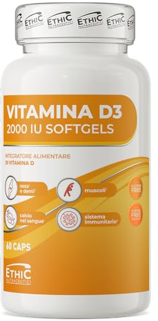 EthicSport Vitamina D3 2000 IU – Colecalciferolo 50 µg in softgel oleosa – Ossa, muscoli, sistema immunitario – Per sportivi e persone attive – 60 capsule