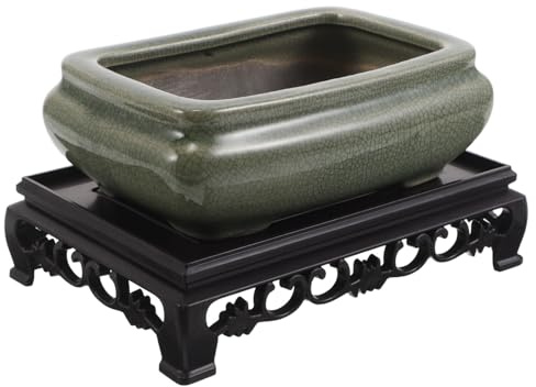 VICASKY Ceramic Chinese Planter Bowl with Stand, Shallow Rectangle | Vintage Simple Style, Plastic Liner Included, for Indoor Offices, Suited to Asparagus Fern and Pothos
