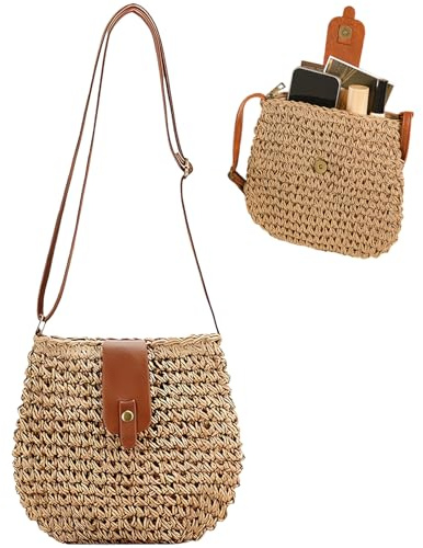 Luxiremi Straw Bag for Women, Small Beach Crossbody Bag with Zipper, Bohemian Weave Handmade Handbag with Adjustable Strap for Summer Travel
