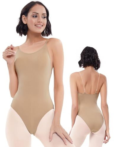 iMuchic Women Nude Leotard Seamless Camisole Undergarment Leotards for Ballet Dance Gymnastics with Adjustable Clear Straps