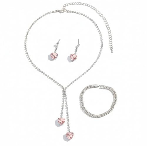 XFSRG Juegos de Joyas Mujer Conjunto de Joyas Novia y Dama Cristales Corazón Colgante Collar Pendientes Pulsera Set Bisutería para Bodas y Fiestas (Rosa)