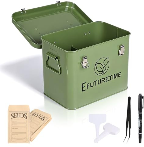 efuturetime fröförvaringslåda metall 20,5 × 13,5 × 16 cm, trädgård fröbehållare med lock fröpaket arrangör med 4 fack förvaring örter grönsaker frön, presenter till trädgårdsälskare, grön