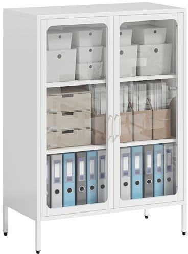 HOMCOM Armadio Portadocumenti in Acciaio a 2 Ante in Vetro Temperato, Schedario da Ufficio con Ripiani Regolabili, Mobiletto Multiuso Portaoggetti, per Ufficio Studio Casa, 80x40x110 cm, Bianco