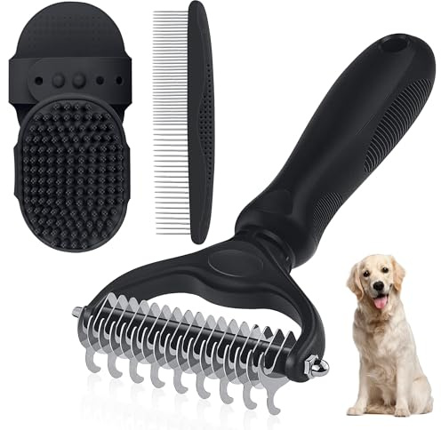 3 pezzi Spazzola per cani e gatti professionale, spazzola per cani pelo lungo e corto con rastrello sottopelo, strumento rimuovi peli animali doppia faccia extra larga, manico ergonomico antiscivolo