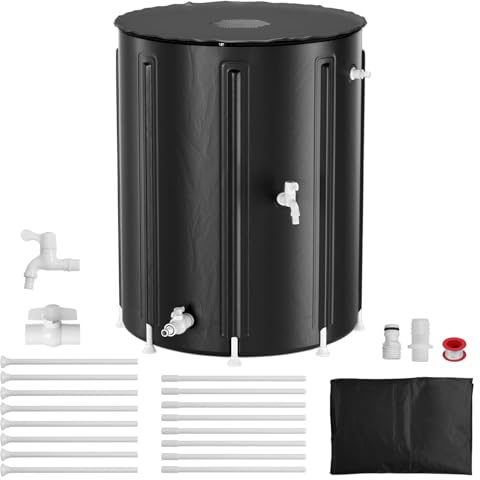 Vikbar regntunna 500 liter med kran och dräneringsventil | PVC-vattentank med lövskyddsgaller | UV-beständig regnvattensamlare platsbesparande | Regnvattentunna för trädgård och camping (svart)