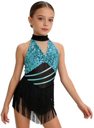 Sxiwei Kids Girls Sparkly Sleeveless Latin Dance Dress Halter Sleeveless Tassel Samba Rumba Jazz Cha Cha Dance Costume