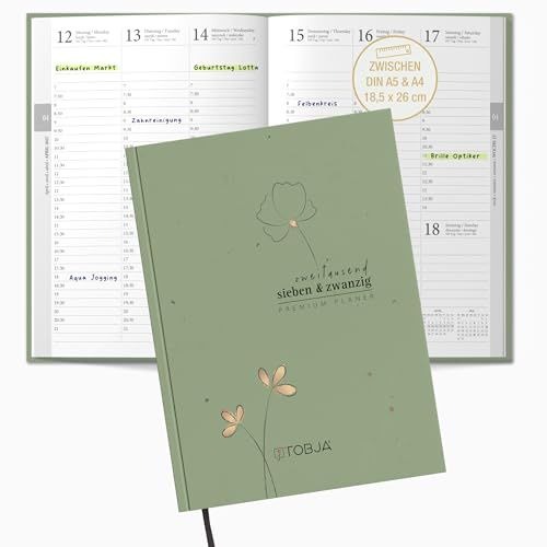TOBJA® Buchkalender 2027 OptiPlaner Sage - Salbeigrün mit Roségold-Akzent, 30-Min-Taktung 7-21 Uhr, Wochenplaner zwischen A5 & A4 (18,5x26 cm), FSC, 4-sprachig | Terminplaner 2027