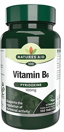 Natures Aid Vitamin B6 100mg – High Strength Pyridoxine – Supports Energy, Hormonal Balance & Nervous System – Vegan, Gluten-Free, Non-GMO Daily Food Supplement – 100 Tablets