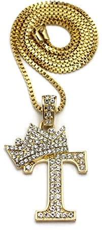 Fashion 21 King Crown Alphabet T Pendant 24 inches Various Chain Necklace in Gold, Silver Tone (Gold / 2mm 24 Box Chain)