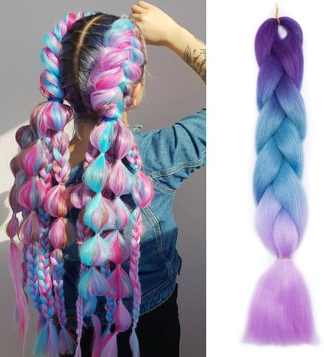 Silk-co 60cm-Extension Treccine Capelli Colorati Afro Capelli Lunghi Braiding Hair Extension Capelli per Treccia Finta–Viola Scuro a Cielo Blu a Viola Chiarissimo